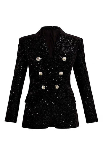 Sparkly Black Sequins Double Breasted Women Party Blazer