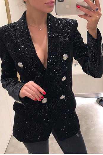 Sparkly Black Sequins Double Breasted Women Party Blazer