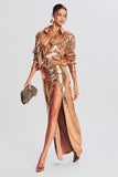 Sparkly Gold Sequins Lapel Neck Blazer Dress with Slit