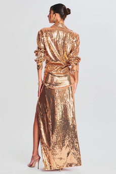 Sparkly Gold Sequins Lapel Neck Blazer Dress with Slit