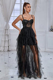 Glitter Black Corset Spaghetti Straps Long Formal Dress with Ruffles