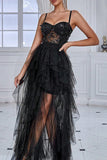 Glitter Black Corset Spaghetti Straps Long Formal Dress with Ruffles