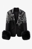 Glitter Black Peak Lapel  Beaded Women Prom Blazer with Feathers