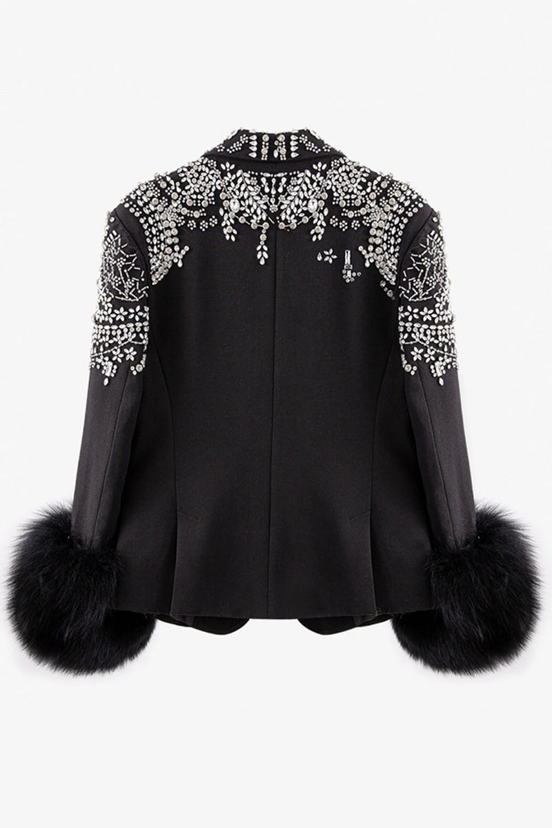 Load image into Gallery viewer, Glitter Black Peak Lapel  Beaded Women Prom Blazer with Feathers