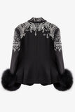 Glitter Black Peak Lapel  Beaded Women Prom Blazer with Feathers