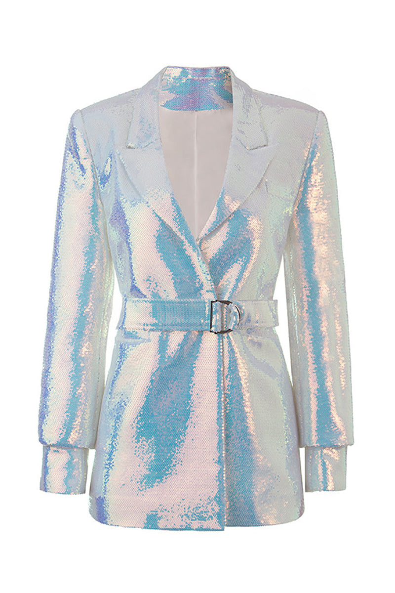 Load image into Gallery viewer, Sparkly White Sequins Peak Lapel Women Blazer with Belt