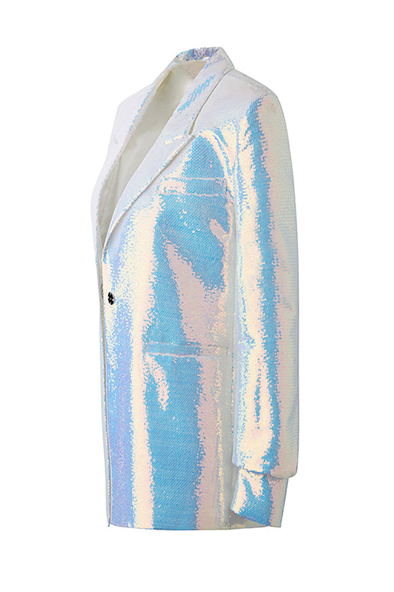 Load image into Gallery viewer, Sparkly White Sequins Peak Lapel Women Blazer with Belt