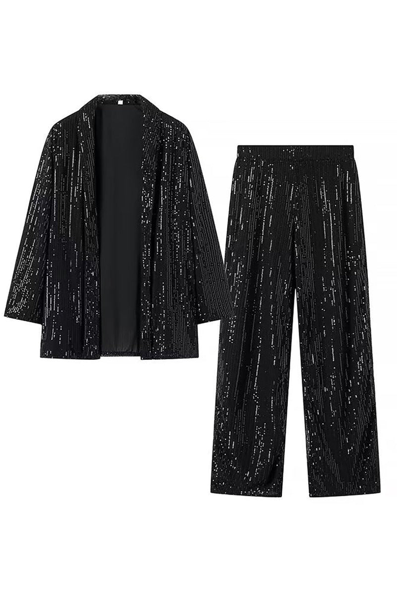 Load image into Gallery viewer, Sparkly Black Shawl Lapel Sequins 2 Piece Women Prom Suits