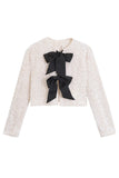 Sparkly Black Sequins Cropped Women Blazer with Bowknot