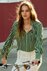 Load image into Gallery viewer, Green and White Striped Women Silk Blouse