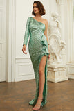 One Shoulder Green Sequin Prom Dress With Ruffles