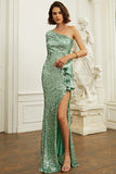 One Shoulder Green Sequin Prom Dress With Ruffles