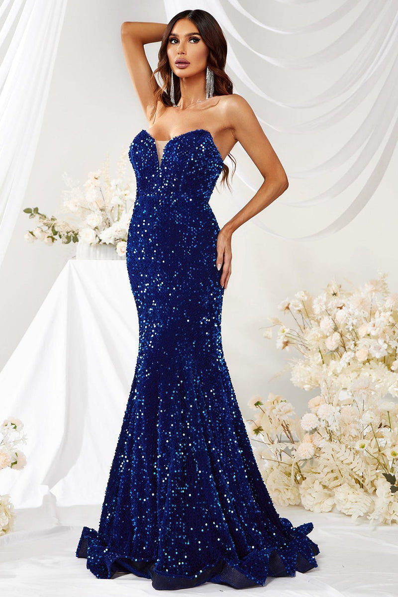 Load image into Gallery viewer, Royal Blue Strapless Sequin Mermaid Long Prom Dress