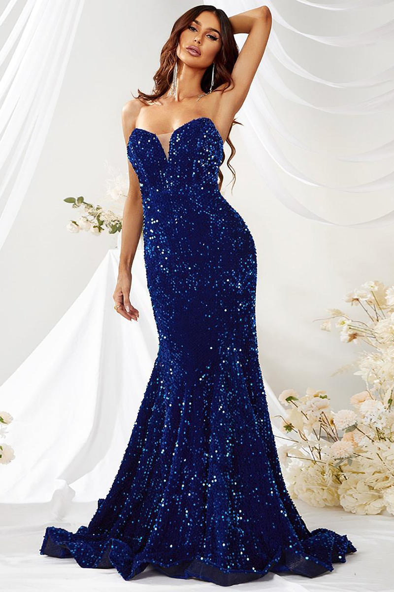 Load image into Gallery viewer, Royal Blue Strapless Sequin Mermaid Long Prom Dress