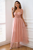 Pink A Line Corset Spaghetti Straps Prom Dress