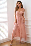 Pink A Line Corset Spaghetti Straps Prom Dress