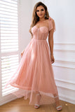 Pink A Line Corset Spaghetti Straps Prom Dress