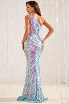 Blue One Shoulder Glitter Mermaid Prom Dress