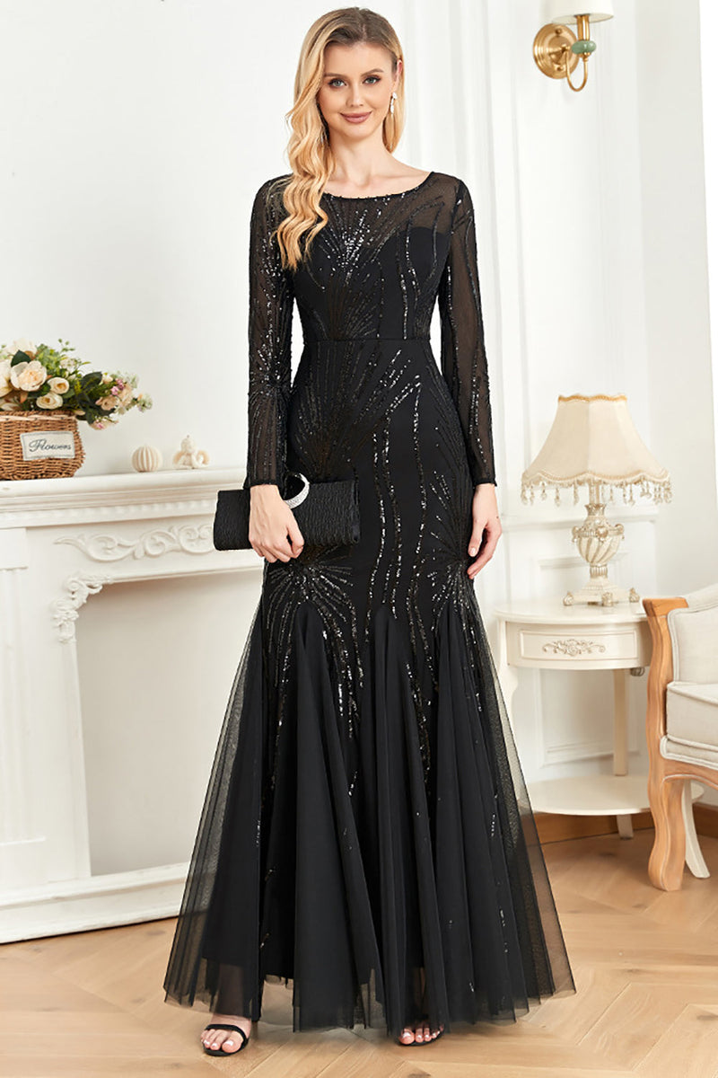 Load image into Gallery viewer, Mermaid Sequins Boat Neck Black Mother of the Bride Dress with Long Sleeves