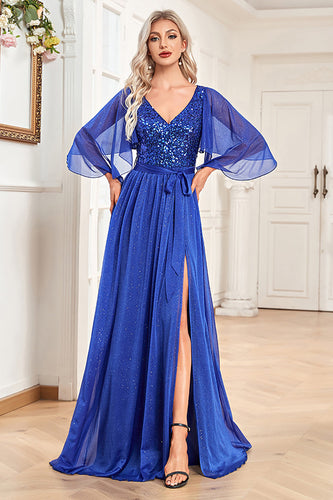 V-Neck Sequins Royal Blue Long Mother of the Bride Dress with Slit
