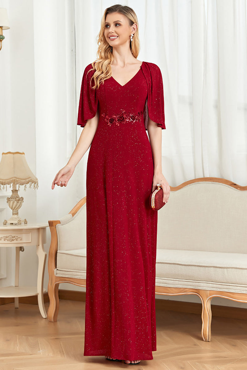 Load image into Gallery viewer, Glitter V-Neck Burgundy Mother of the Bride Dress with Cape