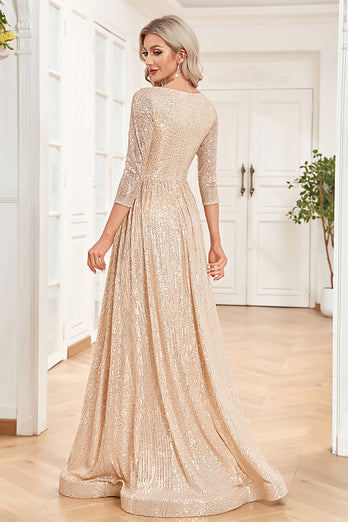 A-Line Glitter Long Mother of the Bride Dress with 3/4 Sleeves
