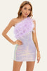 Load image into Gallery viewer, Purple Bodycon One-Shoulder Sequin Patchwork Homecoming Dress With Feather