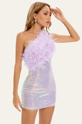 Purple Bodycon One-Shoulder Sequin Patchwork Homecoming Dress With Feather