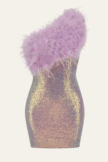 Purple Bodycon One-Shoulder Sequin Patchwork Homecoming Dress With Feather