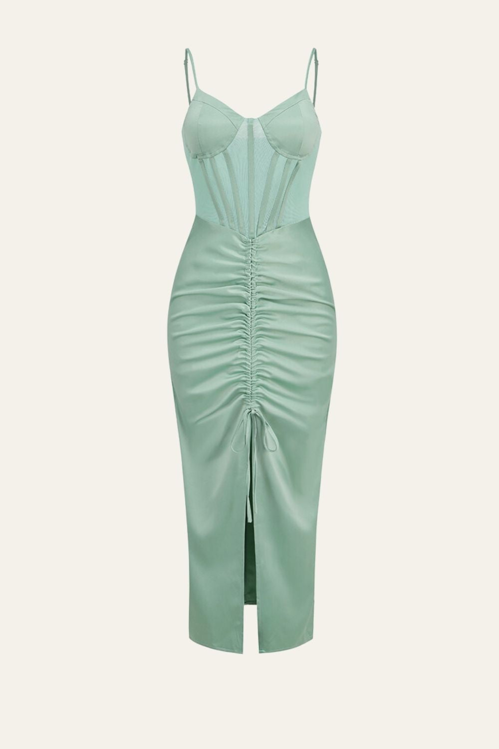 Green Spaghetti Straps Drawstring Pleated Corset Cocktail Party Dress with Slit