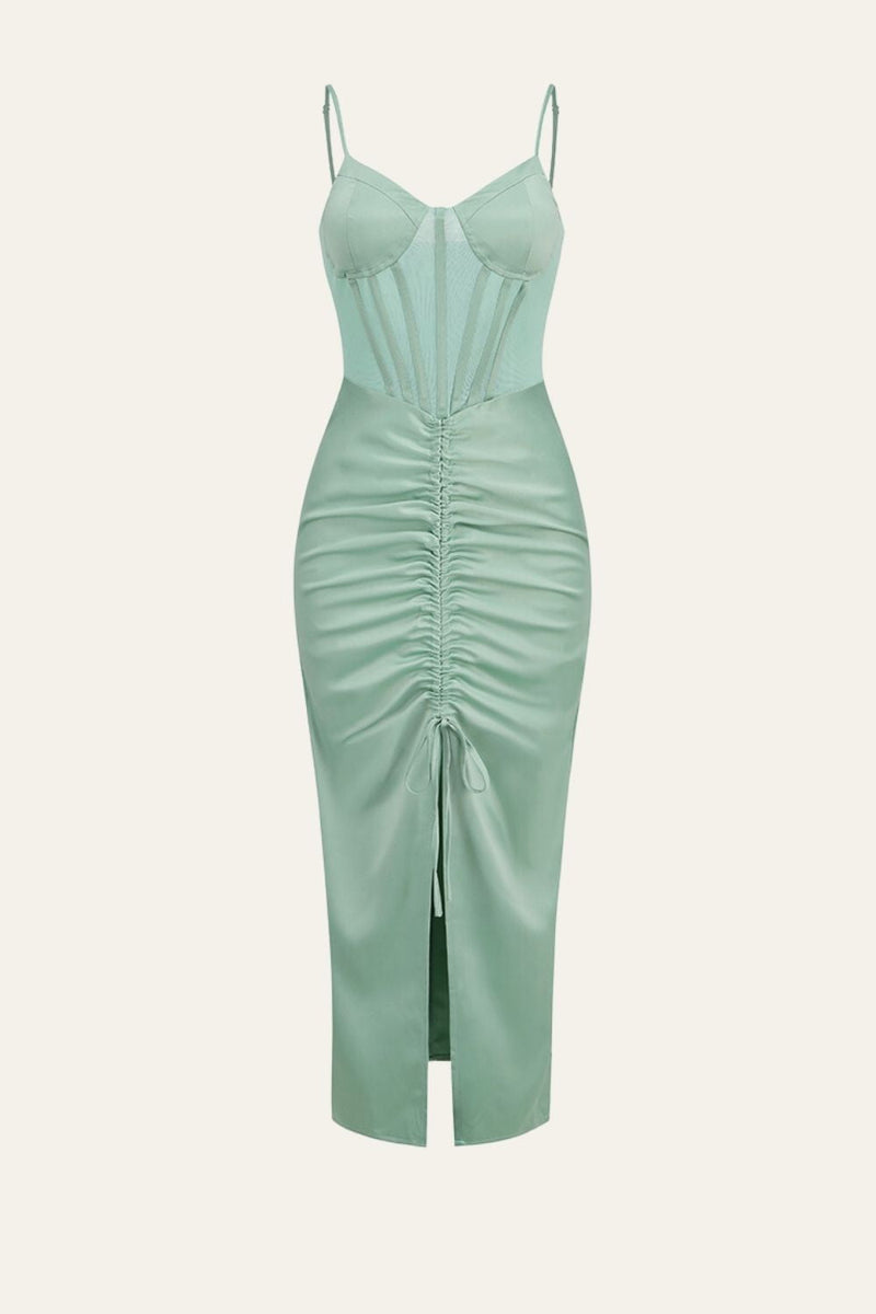 Load image into Gallery viewer, Green Spaghetti Straps Drawstring Pleated Corset Cocktail Party Dress with Slit