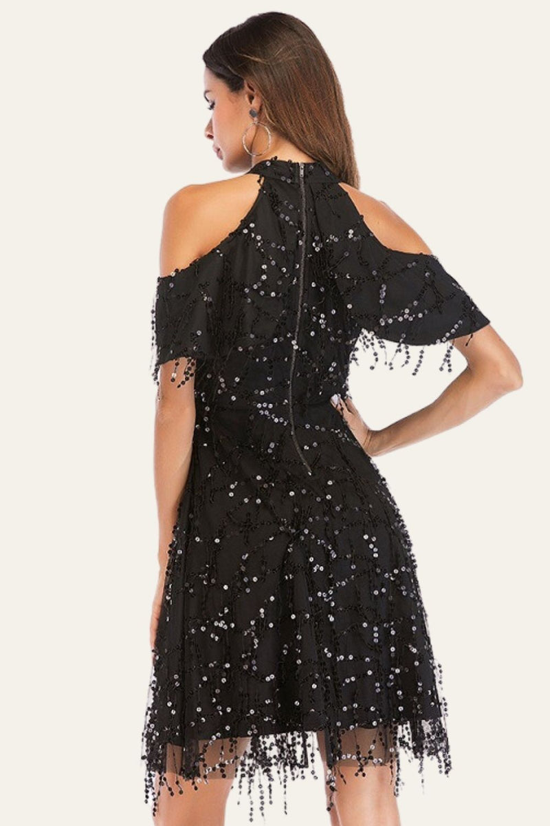 Load image into Gallery viewer, Black A-Line Stand-Up Collar Cold Shoulder Tassel Sequin Halloween Party Dress