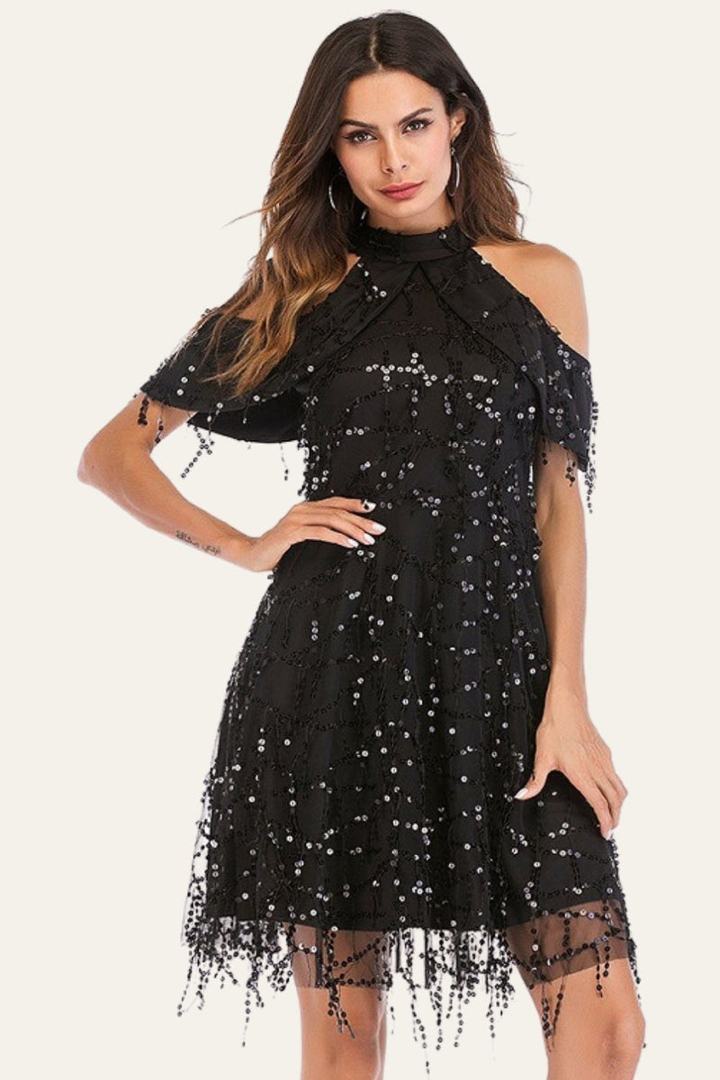 Load image into Gallery viewer, Black A-Line Stand-Up Collar Cold Shoulder Tassel Sequin Halloween Party Dress