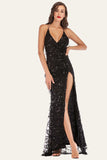 Black Spaghetti Straps V-Neck Backless Fringed Sequin Dress With Slit