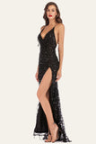 Black Spaghetti Straps V-Neck Backless Fringed Sequin Dress With Slit