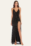 Black Spaghetti Straps V-Neck Backless Fringed Sequin Dress With Slit