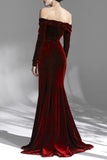 Burgundy Velvet Off the Shoulder Long Sleeves Floor Length Evening Dress