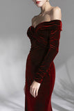 Burgundy Velvet Off the Shoulder Long Sleeves Floor Length Evening Dress