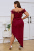 Load image into Gallery viewer, Burgundy Off the Shoulder Bodycon Pleated Feather Formal Dress
