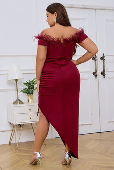 Burgundy Off the Shoulder Bodycon Pleated Feather Formal Dress