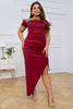 Load image into Gallery viewer, Burgundy Off the Shoulder Bodycon Pleated Feather Formal Dress