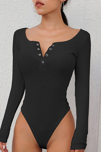 Black V-Neck Long Sleeve Buttoned Knitted Body-Shaping Jumpsuit