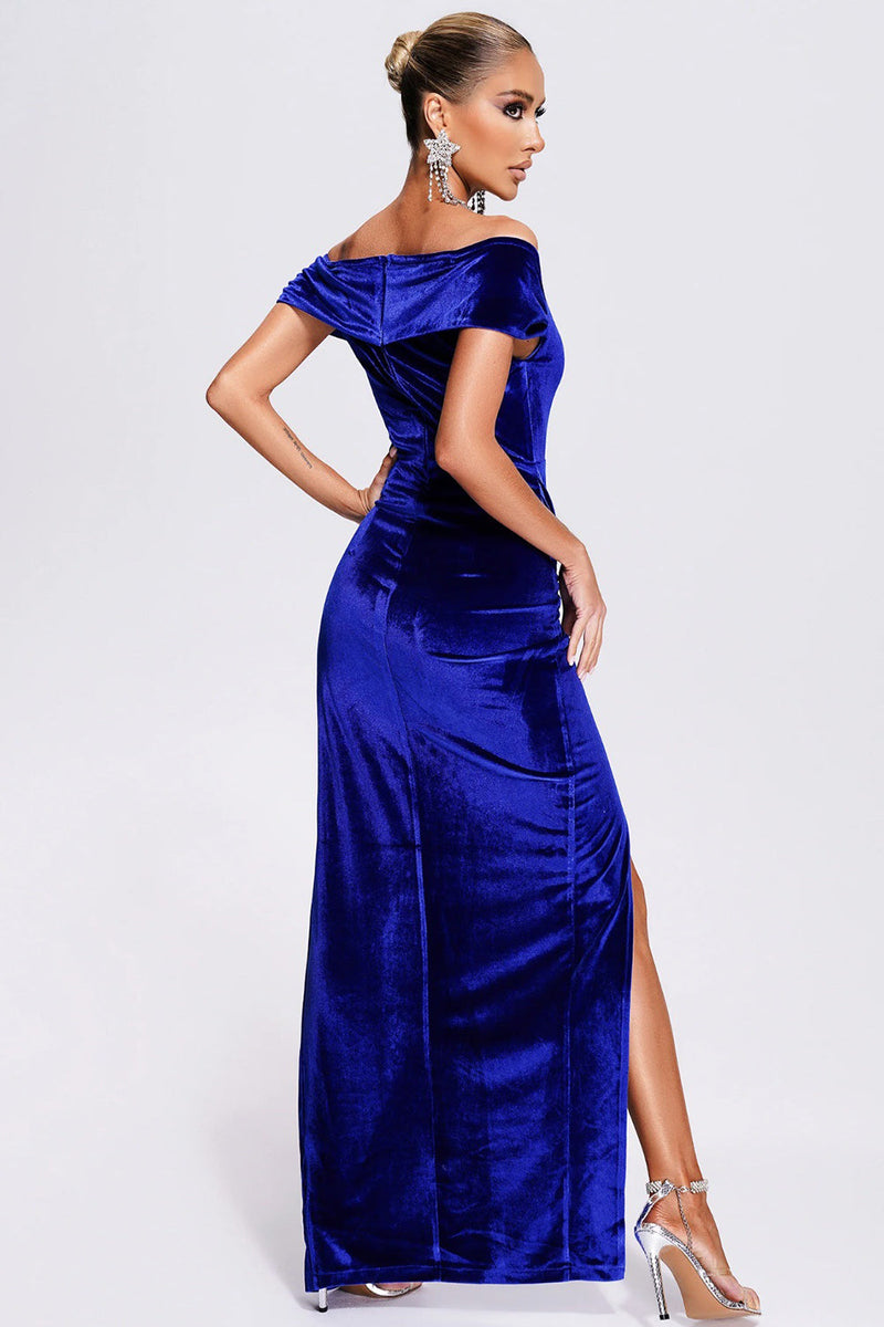 Load image into Gallery viewer, Off the Shoulder Royal Blue Velvet Holiday Party Dress with Slit