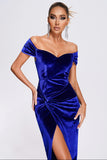 Off the Shoulder Royal Blue Velvet Holiday Party Dress with Slit