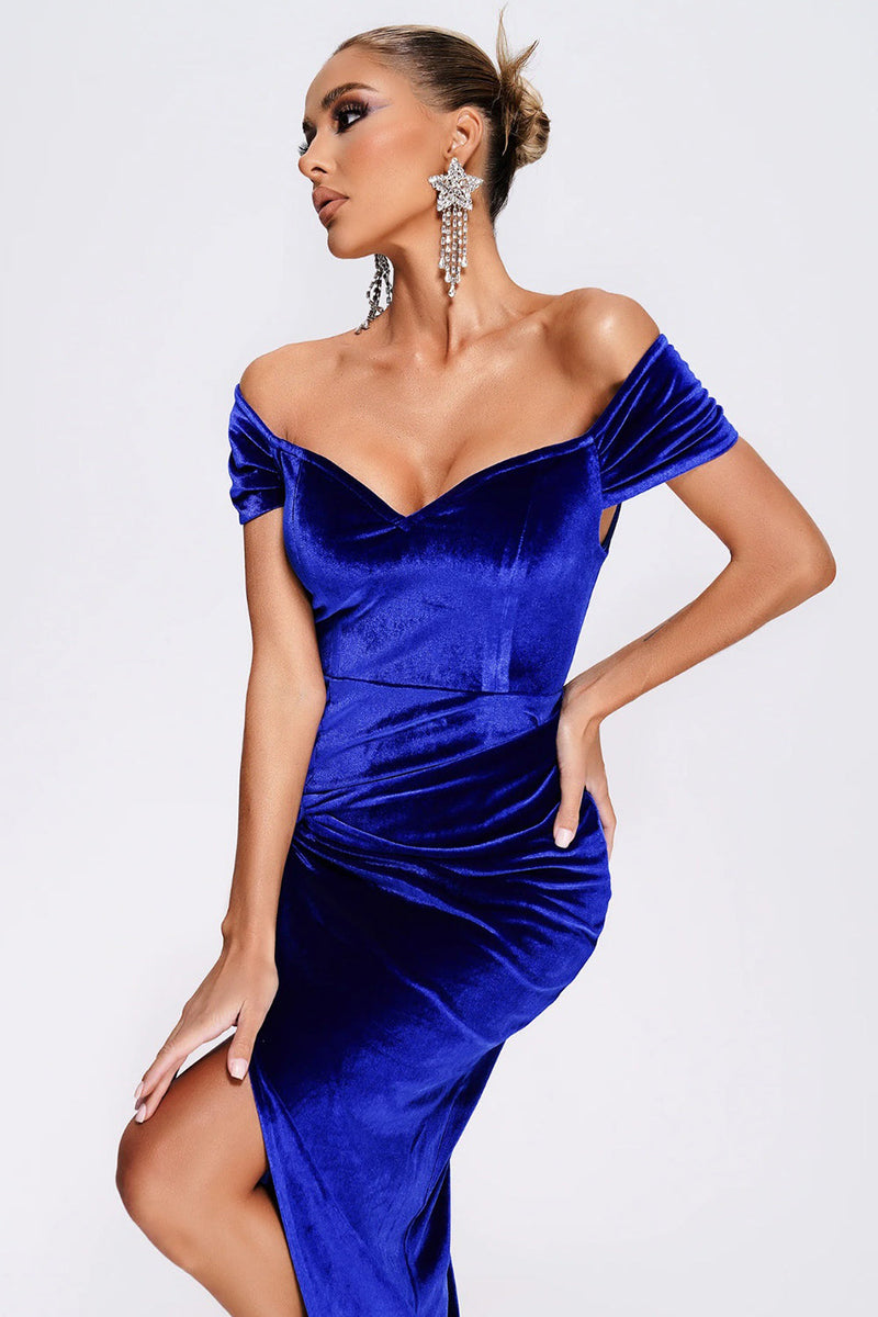Load image into Gallery viewer, Off the Shoulder Royal Blue Velvet Holiday Party Dress with Slit