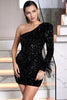 Load image into Gallery viewer, One Shoulder Sequins Little Black Dress with Feathers