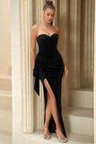 Sequins Strapless Velvet Holiday Party Dress with Slit