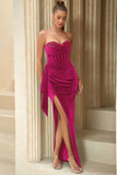 Sequins Strapless Velvet Holiday Party Dress with Slit