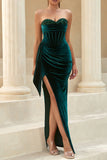 Sequins Strapless Velvet Holiday Party Dress with Slit