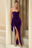 Sequins Strapless Velvet Holiday Party Dress with Slit